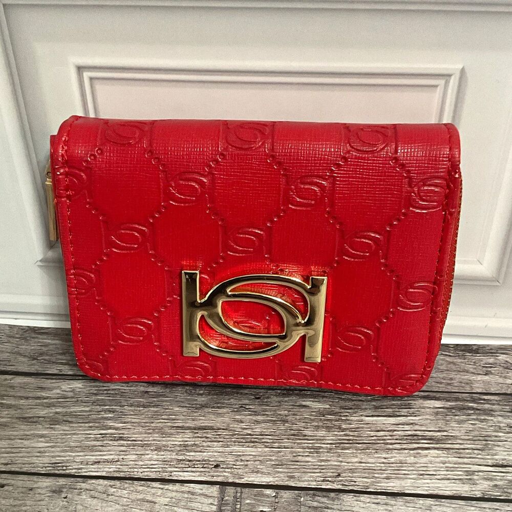 BEBE Red Women’s Zip-Around Wallet Logo Pattern Credit Card Slots Zipper